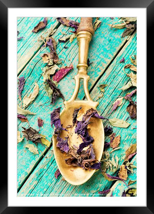 Dried spices in spoons,dry basil leaves Framed Mounted Print by Mykola Lunov Mykola