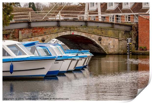 Boats on the Bure, Wroxham Bridge, Norfolk Broads Print by Chris Yaxley