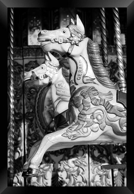 Horses from a Carousel in Black and White, Brighton, Sussex Framed Print by Neil Overy