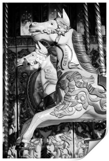 Horses from a Carousel in Black and White, Brighton, Sussex Print by Neil Overy
