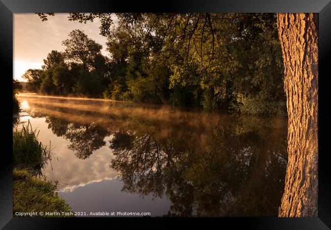 Mist and reflections - trees reflected in the river Framed Print by Martin Tosh