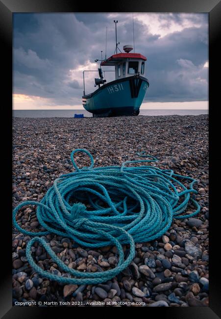 Ropey. Fishing boat and rope on shingle beach Framed Print by Martin Tosh
