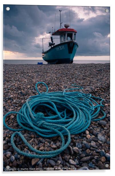 Ropey. Fishing boat and rope on shingle beach Acrylic by Martin Tosh