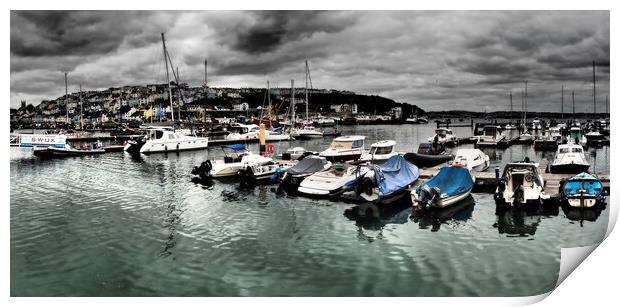 Boats moored in Brixham marina Print by mark humpage