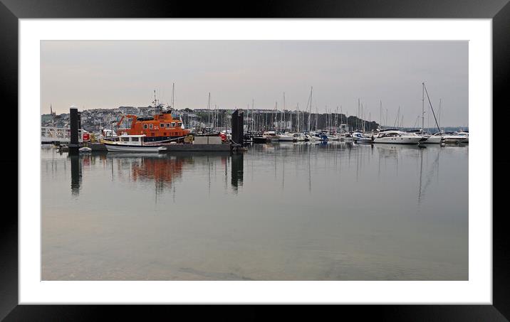 Lifeboat and sailing boats in Brixham marina Framed Mounted Print by mark humpage