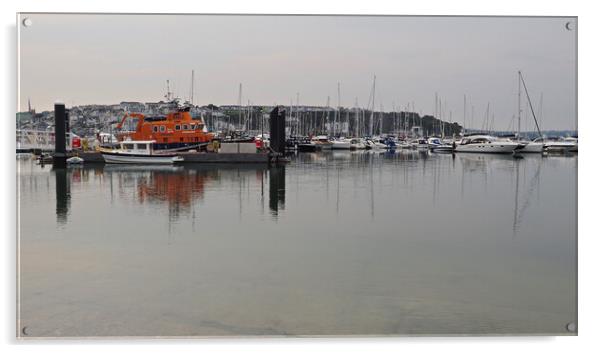 Lifeboat and sailing boats in Brixham marina Acrylic by mark humpage