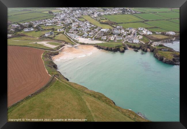 Aerial photograph taken near Trevone Beach nr Padstow, Cornwall, Framed Print by Tim Woolcock