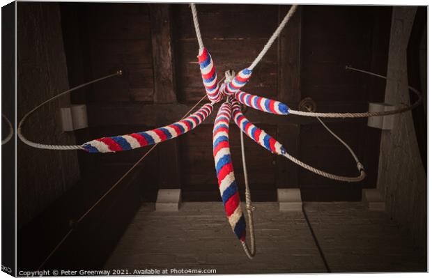English Church Bellringer Ropes At St Michael, Steeple Claydon,  Canvas Print by Peter Greenway