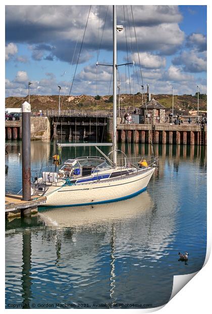 A yacht moored in Padstow Harbour, Cornwall. Print by Gordon Maclaren
