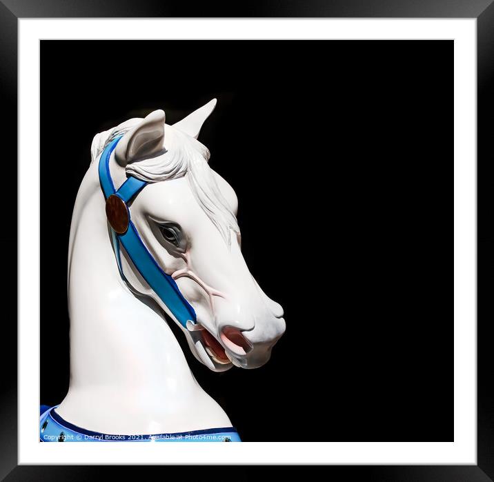 White Carousel Horses Head on Black Background Framed Mounted Print by Darryl Brooks