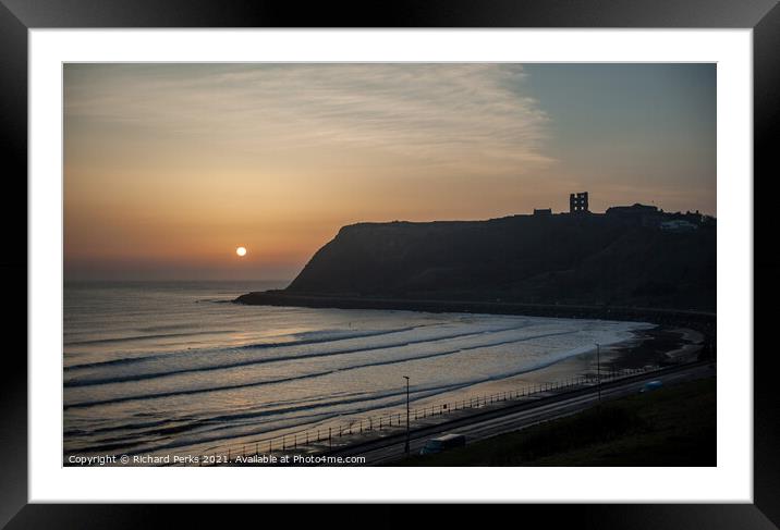 Misty sunrise at Scarborough North Bay Framed Mounted Print by Richard Perks