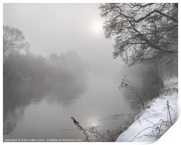 Sun breaking through the mist over the Teviot River in winter snow in the Scottish Borders Print by Dave Collins