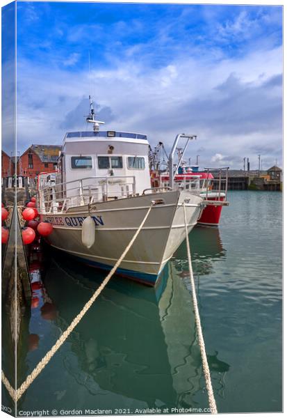 Fishing Boat docked in Padstow Harbour, Cornwall Canvas Print by Gordon Maclaren