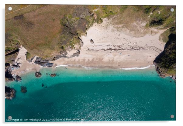 Aerial photograph of Lantic Bay, Cornwall, England. Acrylic by Tim Woolcock