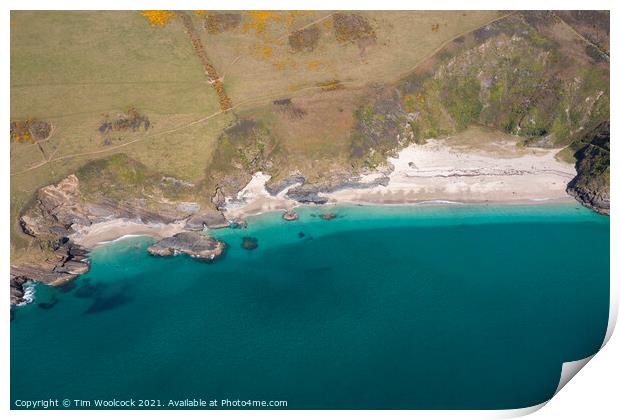 Aerial photograph of Lantic Bay, Cornwall, England. Print by Tim Woolcock