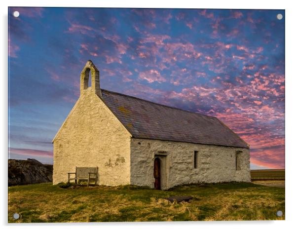 St Cwyfan's Church. Anglesey. Acrylic by Colin Allen