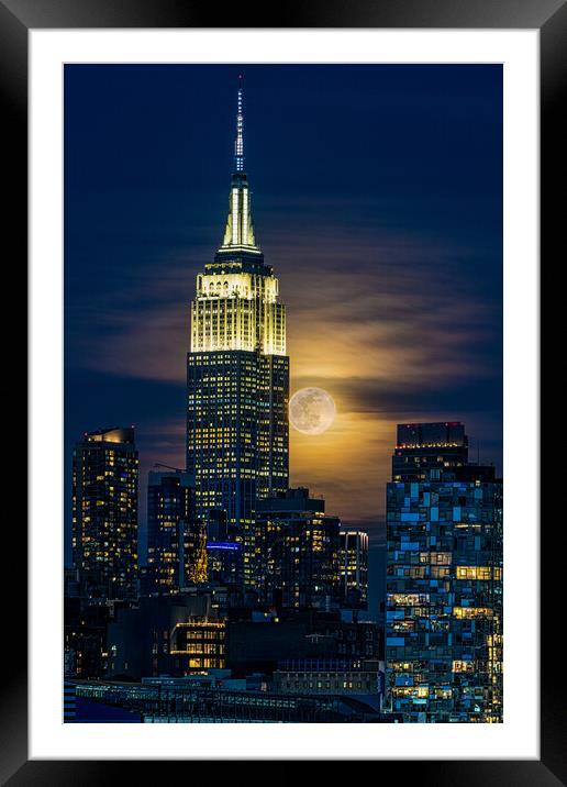 The Worm Moon Rising Over New York City Framed Mounted Print by Chris Lord