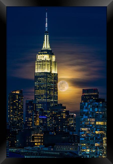 The Worm Moon Rising Over New York City Framed Print by Chris Lord