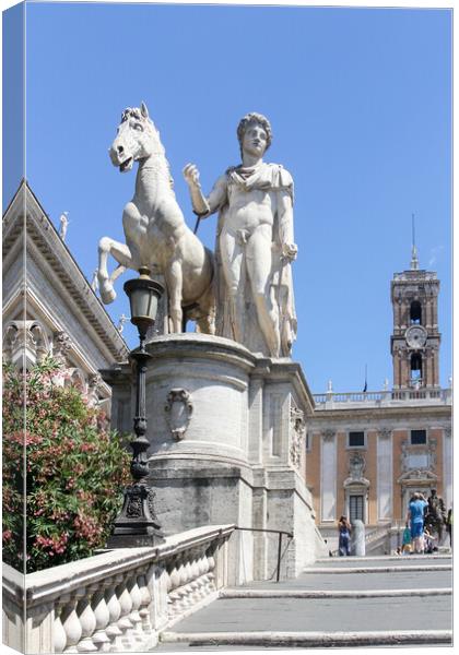 Statue of man and horse on the steps leading to the Basilica di  Canvas Print by Kevin Hellon