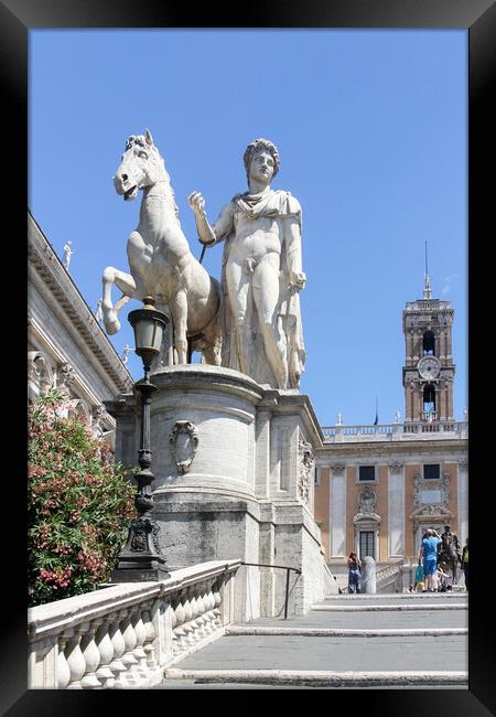 Statue of man and horse on the steps leading to the Basilica di  Framed Print by Kevin Hellon