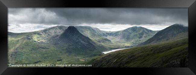  Panoramic view of Tryfan and the Ogwen valley Framed Print by Justin Foulkes