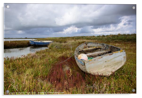 Old rowing boat on marsh grass Acrylic by Martin Tosh