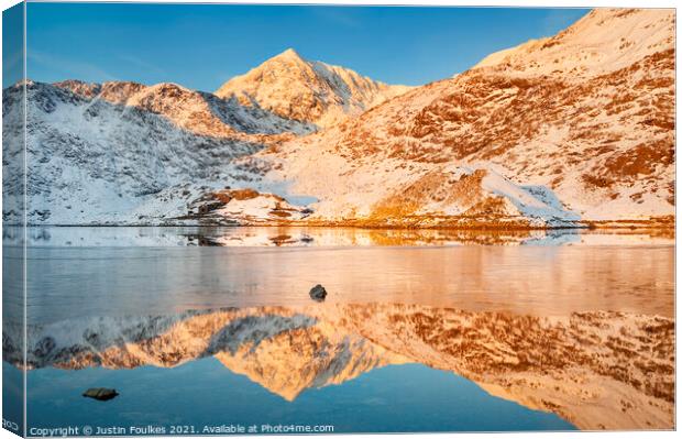 Snowdon and Lyn Lydaw in winter, sunrise, Wales Canvas Print by Justin Foulkes