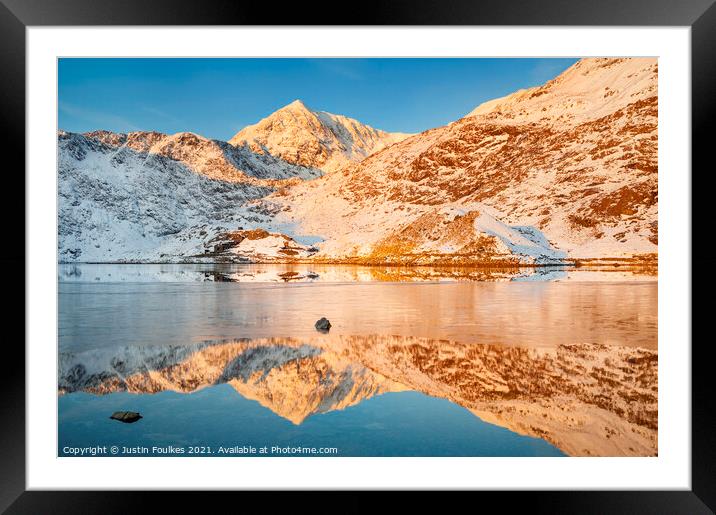 Snowdon and Lyn Lydaw in winter, sunrise, Wales Framed Mounted Print by Justin Foulkes
