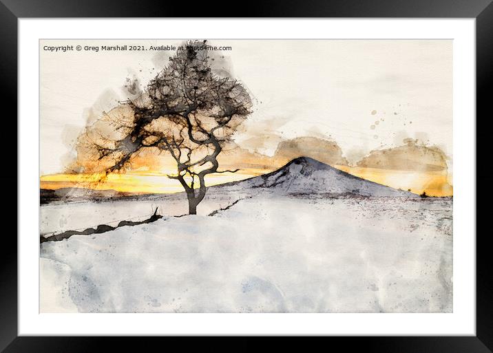 Winter Sunset Roseberry Topping Teesside Watercolo Framed Mounted Print by Greg Marshall