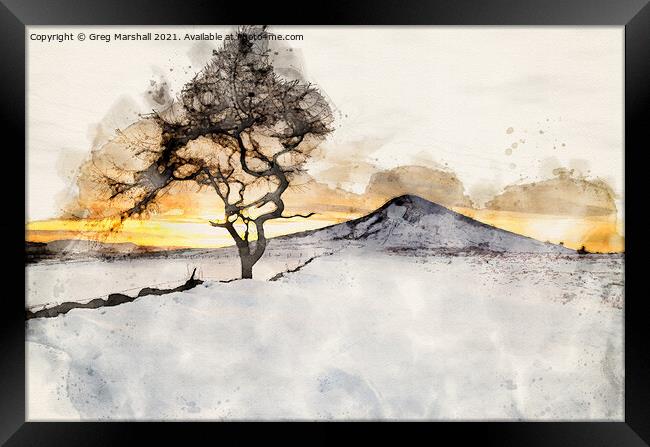 Winter Sunset Roseberry Topping Teesside Watercolo Framed Print by Greg Marshall