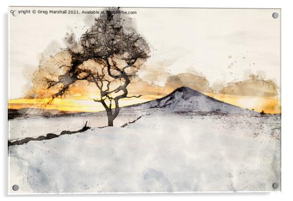 Winter Sunset Roseberry Topping Teesside Watercolo Acrylic by Greg Marshall