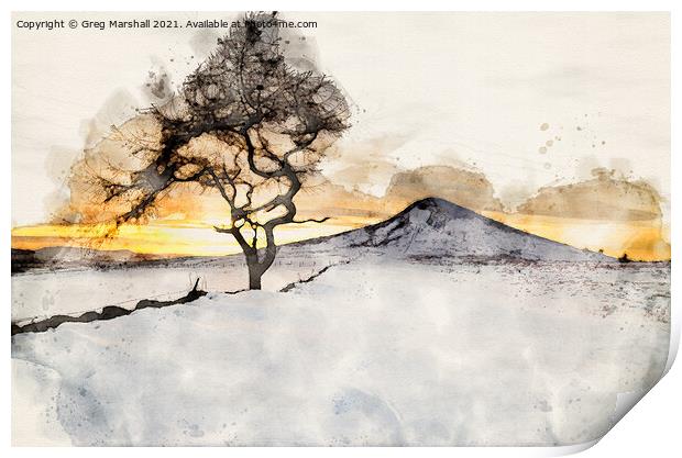 Winter Sunset Roseberry Topping Teesside Watercolo Print by Greg Marshall