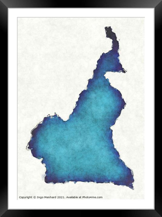 Cameroon map with drawn lines and blue watercolor illustration Framed Mounted Print by Ingo Menhard
