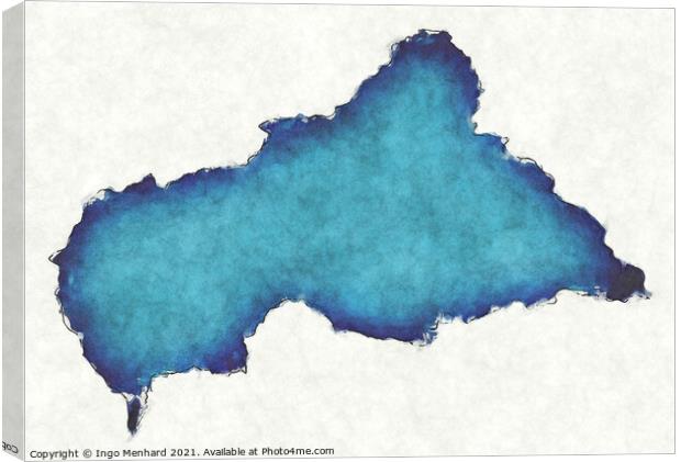 Central African Republic map with drawn lines and blue watercolo Canvas Print by Ingo Menhard