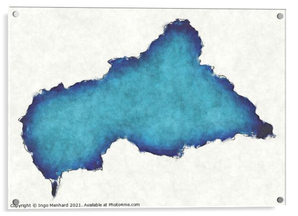 Central African Republic map with drawn lines and blue watercolo Acrylic by Ingo Menhard