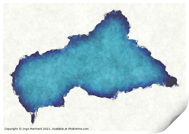 Central African Republic map with drawn lines and blue watercolo Print by Ingo Menhard