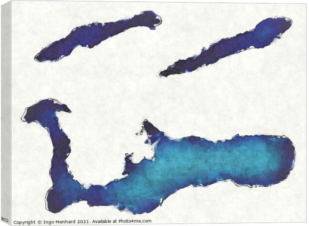 Cayman Islands map with drawn lines and blue watercolor illustra Canvas Print by Ingo Menhard