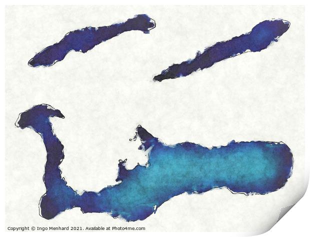 Cayman Islands map with drawn lines and blue watercolor illustra Print by Ingo Menhard