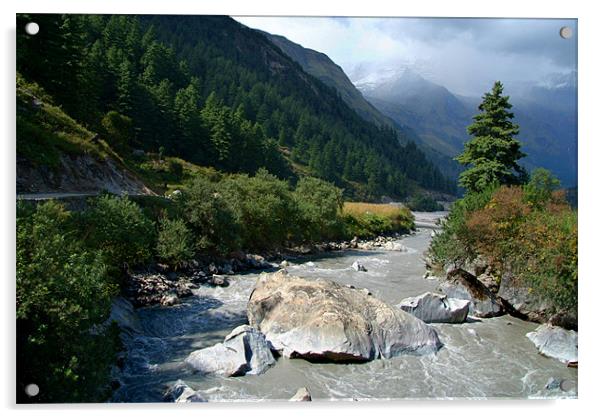 View Along River Marpha to Ghasa Acrylic by Serena Bowles