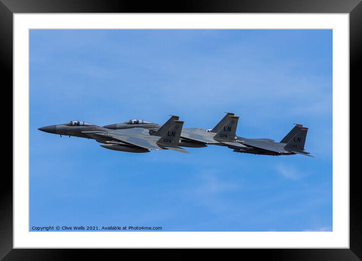 Three F-15`s overfly RAF Fairford Framed Mounted Print by Clive Wells