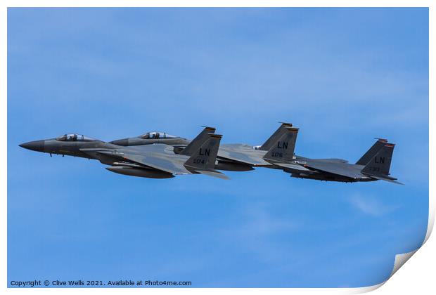 Three F-15`s overfly RAF Fairford Print by Clive Wells