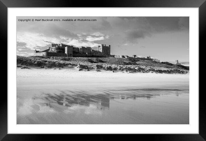 Monochrome Bamburgh Castle on Northumberland Coast Framed Mounted Print by Pearl Bucknall