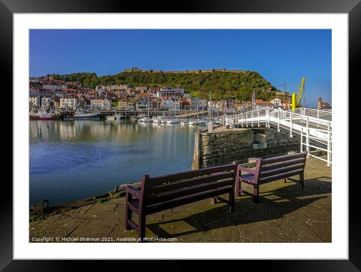 Scarborough Harbour under blue skies on a sunny da Framed Mounted Print by Michael Shannon
