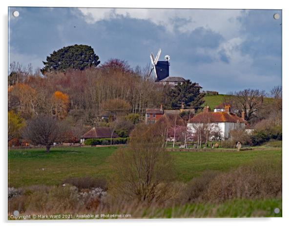 The Mill Studios in Icklesham, seen from Pett Level. Acrylic by Mark Ward