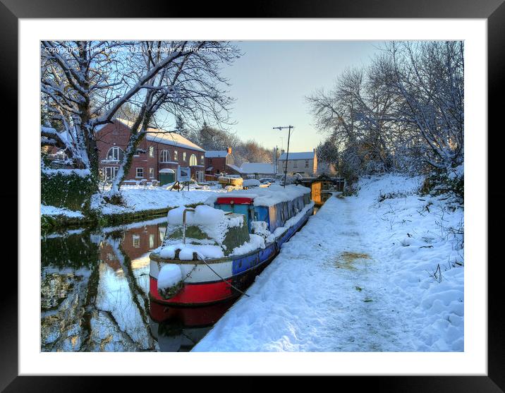 Narrowboat on Canal in Winters Snow Wolverhampton Framed Mounted Print by Philip Brown