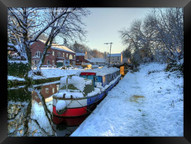 Narrowboat on Canal in Winters Snow Wolverhampton Framed Print by Philip Brown