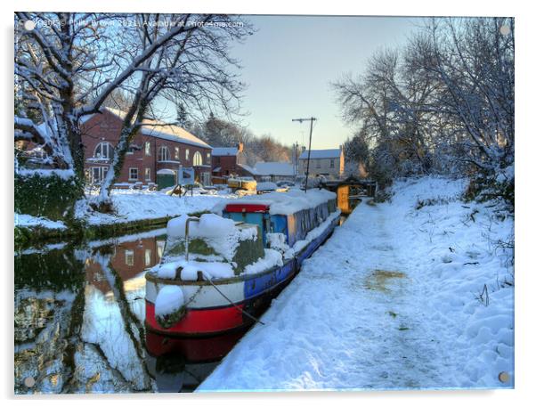 Narrowboat on Canal in Winters Snow Wolverhampton Acrylic by Philip Brown