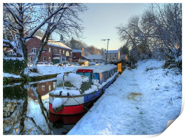 Narrowboat on Canal in Winters Snow Wolverhampton Print by Philip Brown