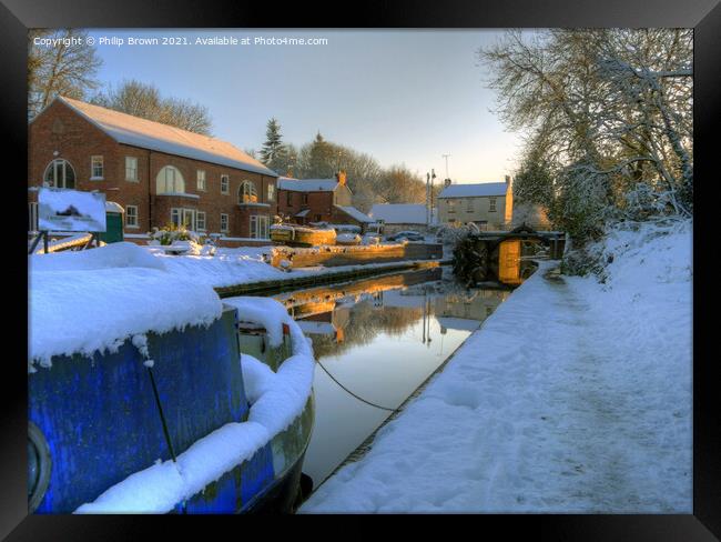 Narrowboat on Canal, in Winters Snow  Framed Print by Philip Brown