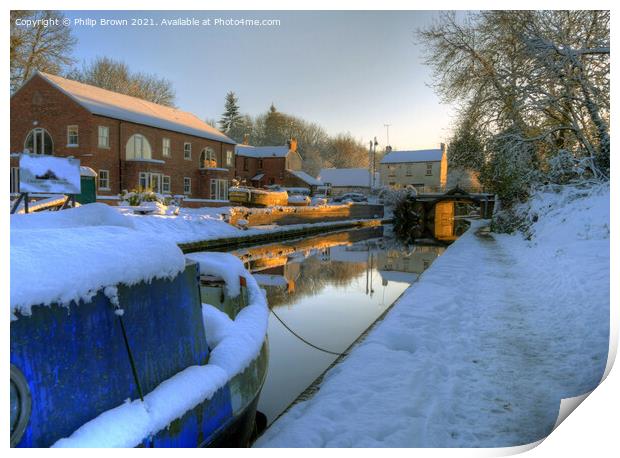 Narrowboat on Canal, in Winters Snow  Print by Philip Brown